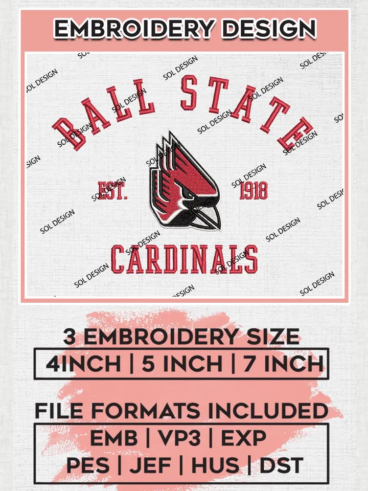 Ball State Cardinals Est 1918 Logo Embroidery Designs, NCAA Ball State Cardinals Team Embroidery, NCAA Team Logo, 3 sizes, Machine embroidery Files, Digital Download