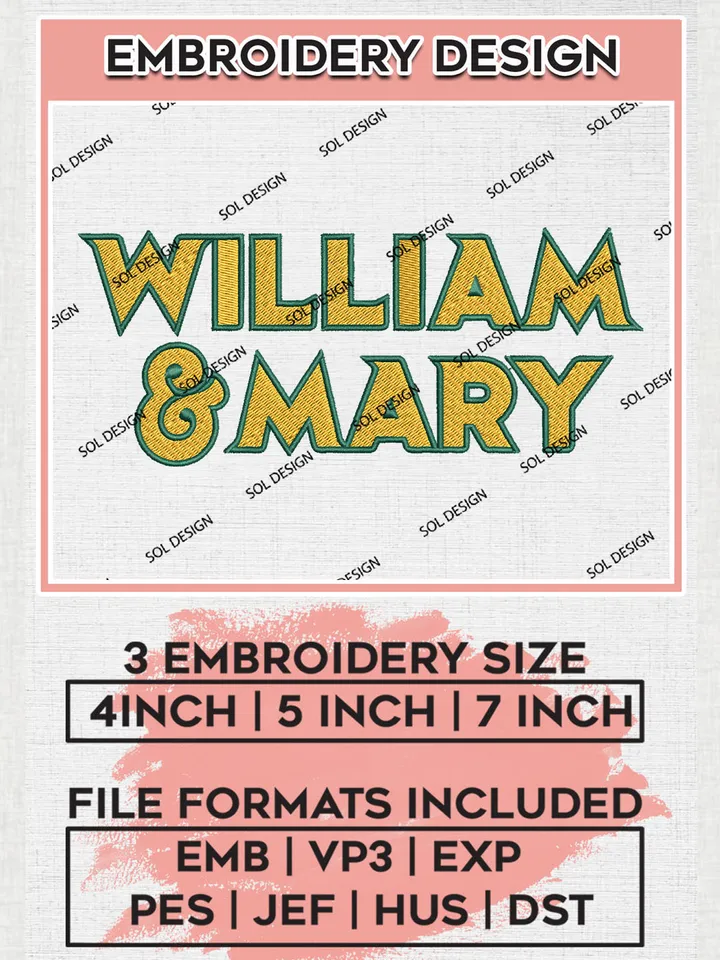 NCAA William & Mary Football Team Word Logo Embroidery Design Files, NCAA William & Mary Tribe Machine Embroidery, NCAA Teams, Game Day, 3 sizes, NCAA Machine embroidery designs, Digital Download