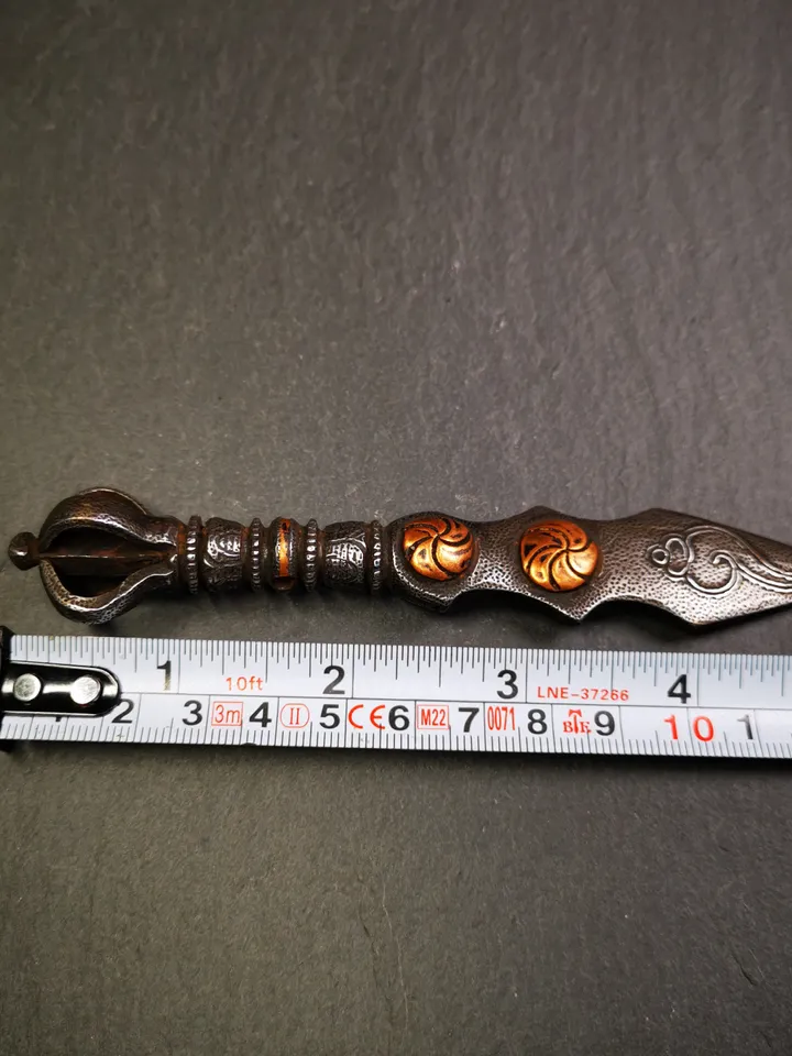 Gandhanra Handmade Tibetan Buddhist Ritual Implement - Kila -Dorje Phurba,Manjusri Sword,Made of Cold Iron inlaid with Copper,5.1"