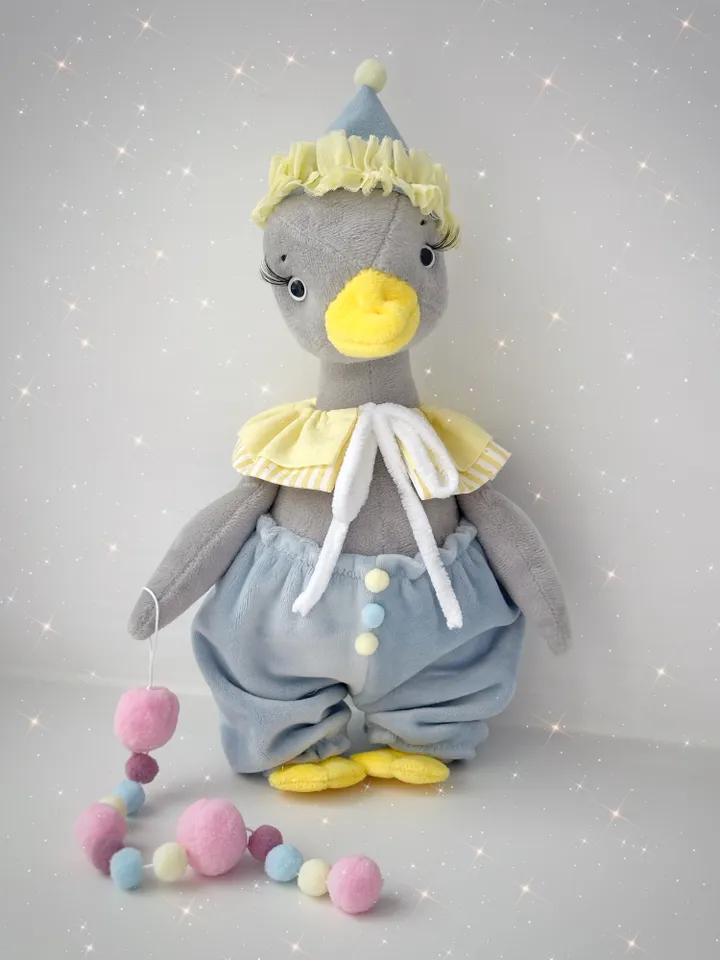 Handmade Plush Soft Birthday Goose. Stuffed Animal Toy. Geese with Circus Style Clothes.