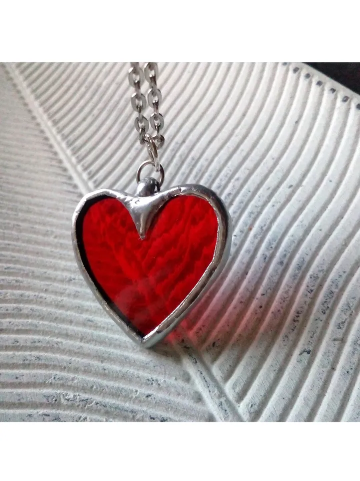 Red heart glass necklace, Love pendant, st Valentine scarlet heart necklace, kawaii pendant