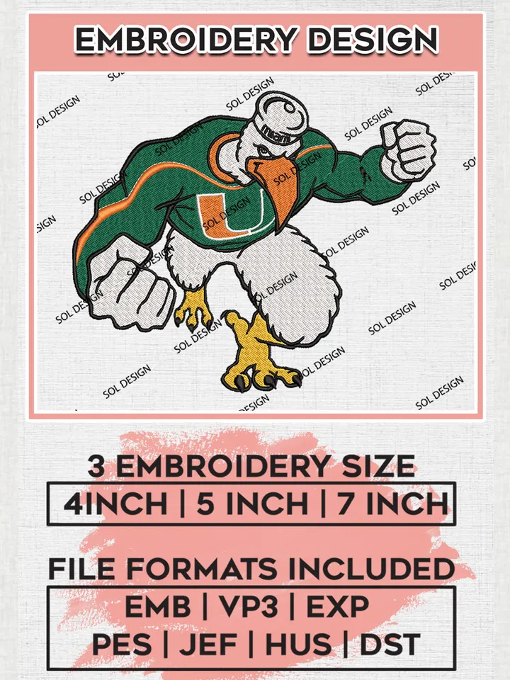 Miami Hurricanes NCAA Team Funny Mascot Logo embroidery designs, NCAA Miami Hurricanes Logo Machine embroidery designs, NCAA Team Logo embroidery designs, NCAA Game Day Machine embroidery designs, Digital Download