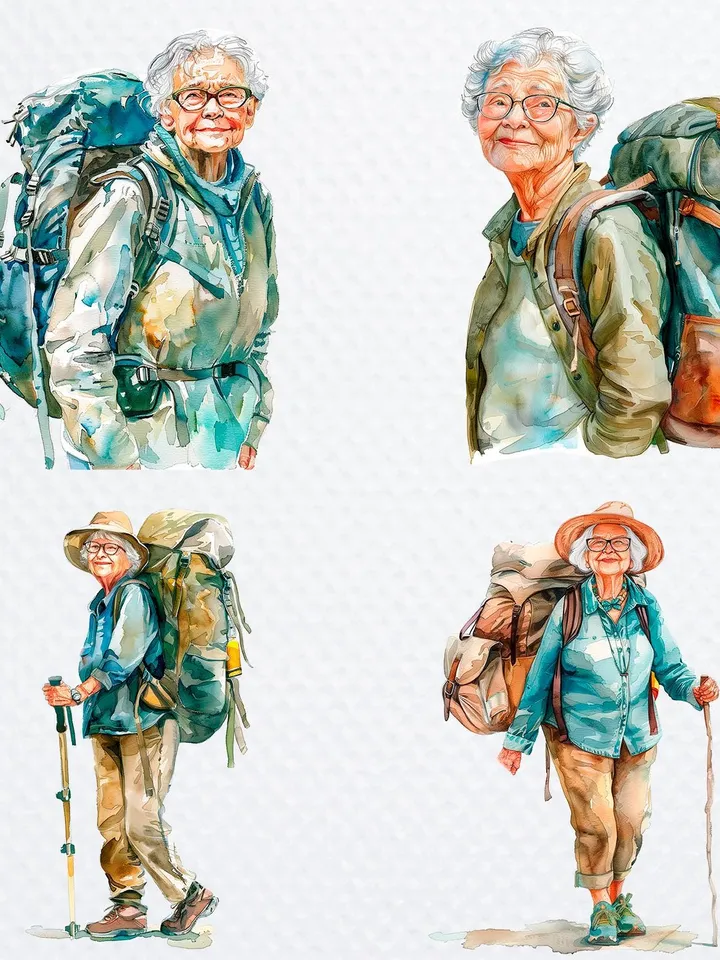 14 Senior Woman Travelling PNG Bundle, Traveller, hiking,  Watercolor clipart, High Quality,  Paper craft, junk journals