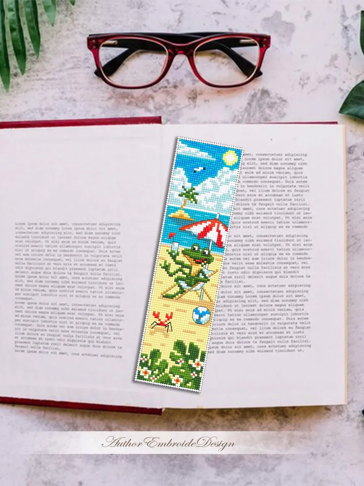 Summer bookmark cross stitch pattern PDF download Funny frog cross stitch chart, Beach bookmark pattern digital PDF, Beach vacation #B448