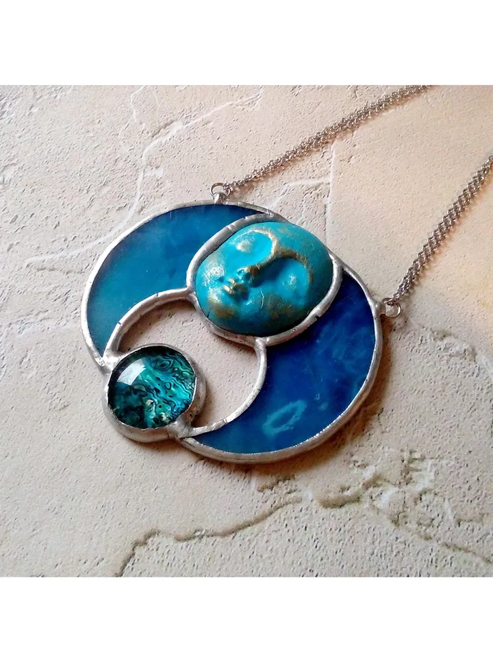 Stained glass blue moon, Moon Goddess, Moon phase necklace, Stainglass crescent, Full moon pendant, Moon face necklace