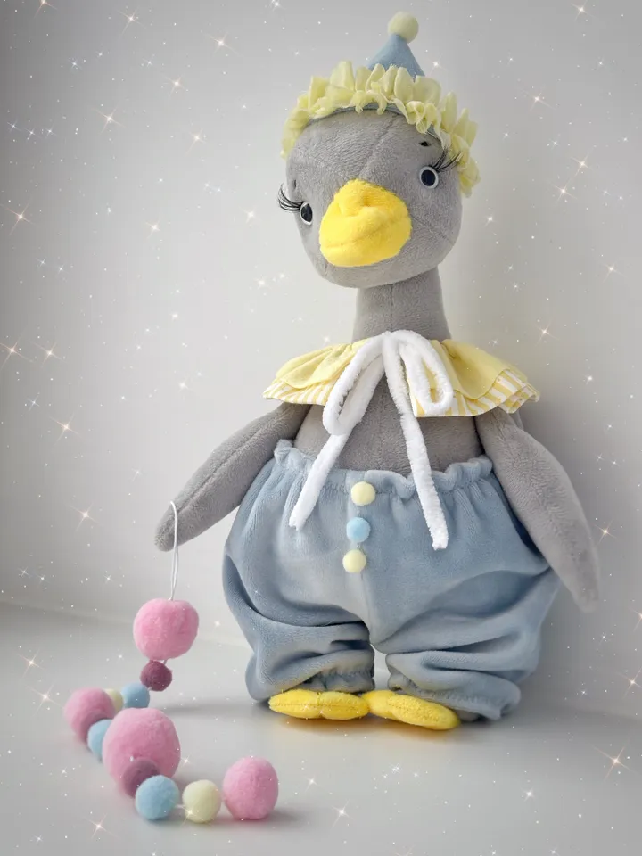 Handmade Plush Soft Birthday Goose. Stuffed Animal Toy. Geese with Circus Style Clothes.