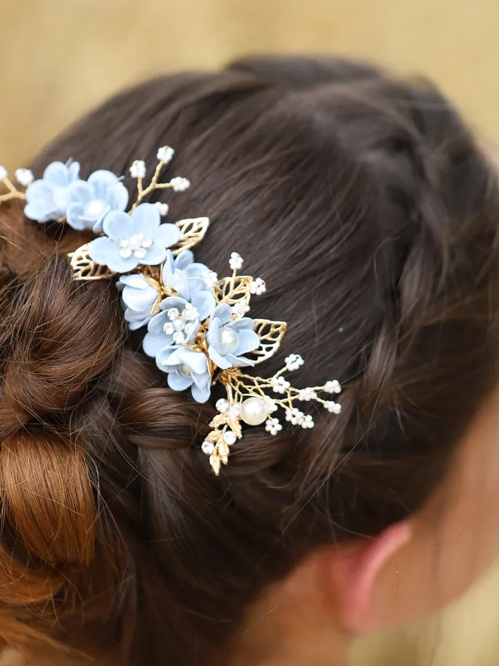 Light Blue Flowers Wedding Hair Comb, Floral Bridal Headband, Leaf Hair Comb, Hair Pins, Headpiece, Wedding Hair Accessories, Jewelry set