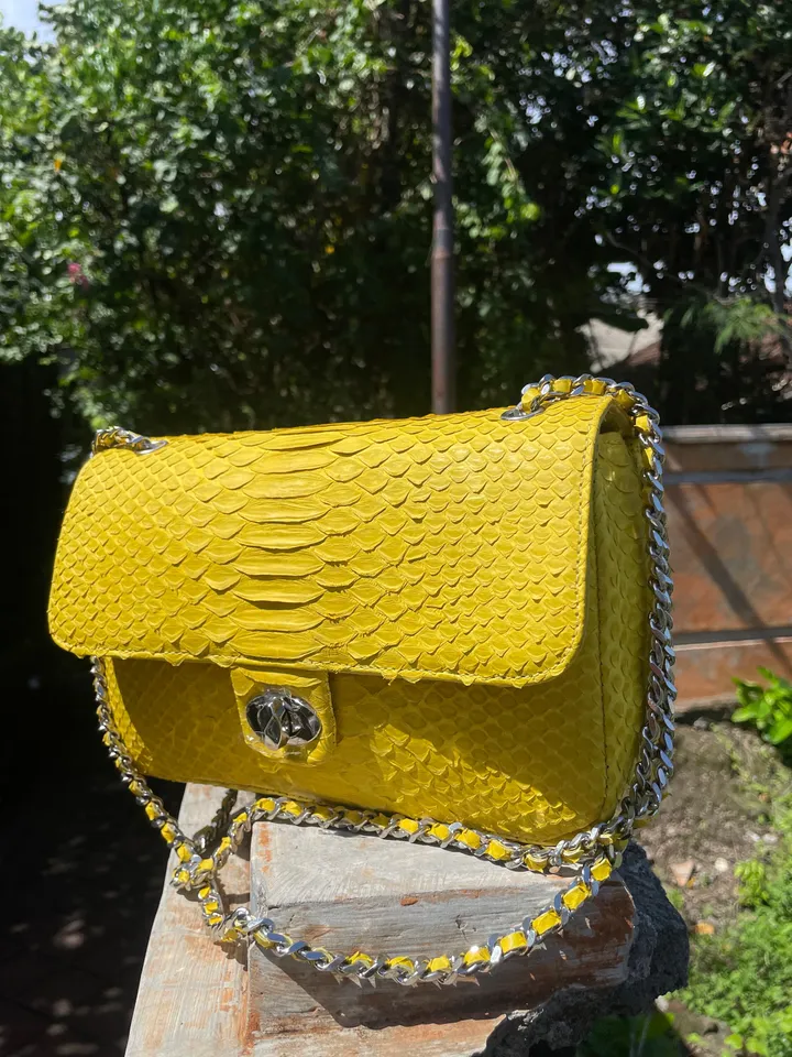 Genuine python skin maxi crossbody yellow bag, summer big chain crossbody, elegant classy crossbody bag genuine leather summer | snakeskin