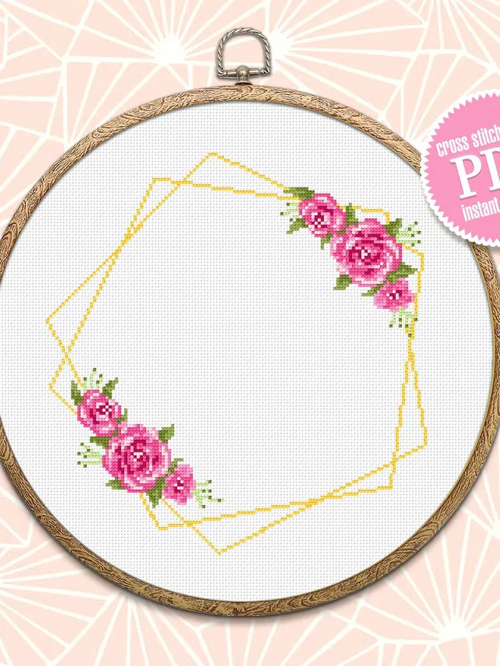 Flower frame cross stitch pattern PDF download Your text here, Roses wreath cross stitch chart, Pentagon frame pattern digital PDF #Y8