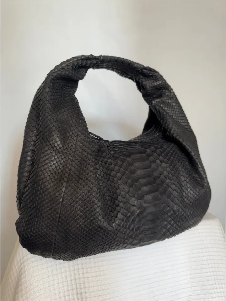 Small Soft Hobo Classy Sport Woman Bag | Purse Genuine Python Skin | Reptile Skin Products | Black Elegant Leather Designer Soft Bag Snake