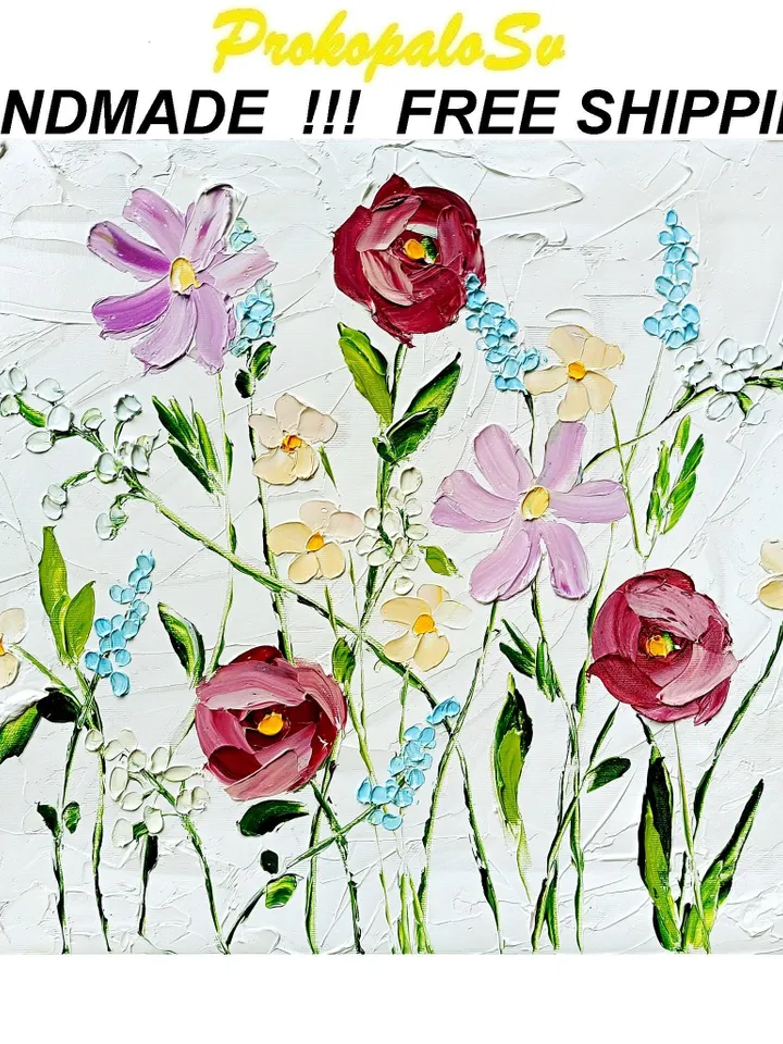 Flower Painting On Canvas Original Art Pink Purple Meadow Flowers Floral Art Impasto Painting Abstract 16 by 20 Gifts by ArtProkopaloSv