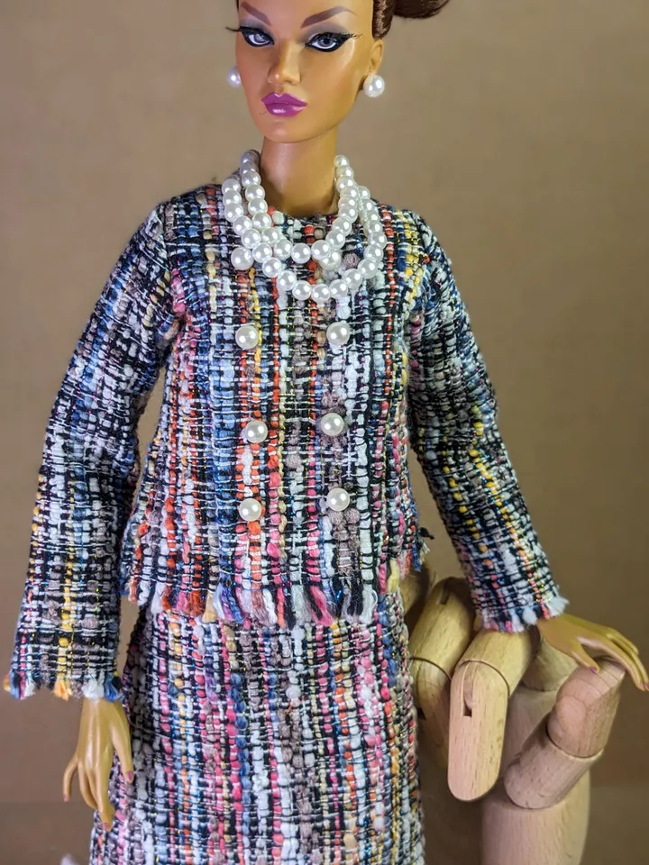 Handmade checked black & blue suit with pearl clasps for 16-inch Fashion Royalty dolls (FR16)