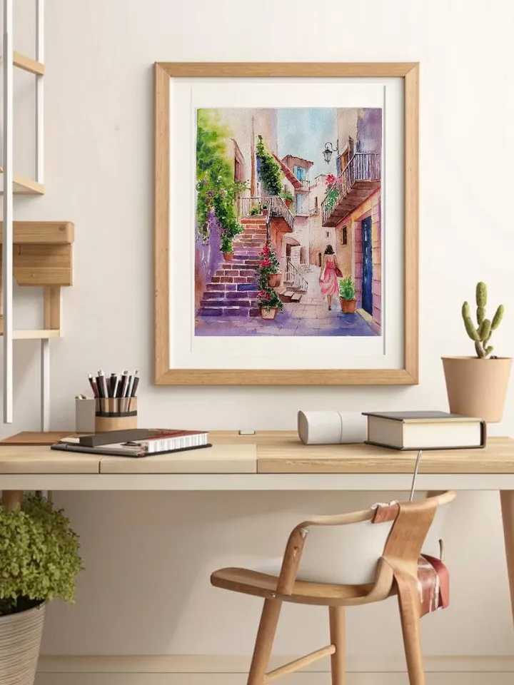 Original Watercolor Painting Urban Landscape Art Italian Courtyard Artwork Sunny Afternoon Picture 27x36 cm by SoftWaves