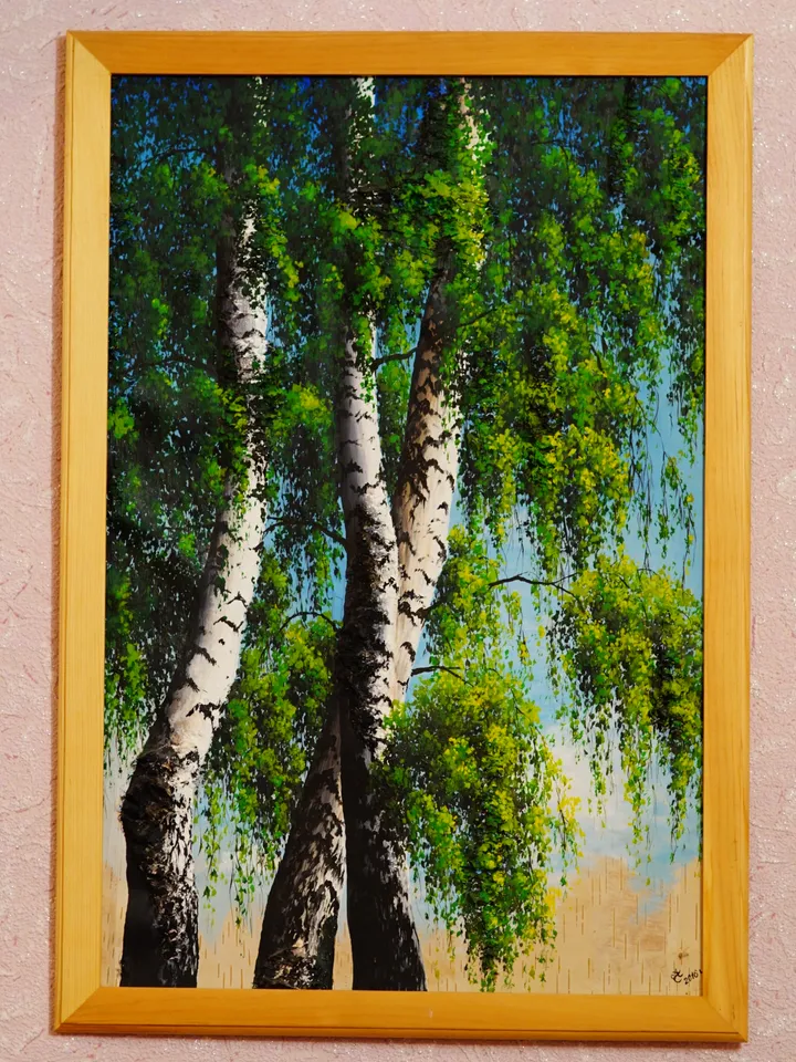 Painting "Birches on birch bark". (30*40 cm, acrylic, birch bark)