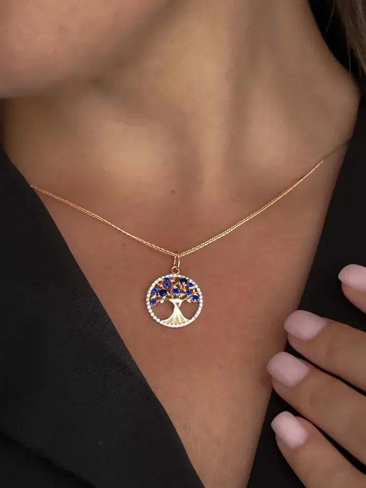 Pendant silver 925 on the neck, gold 585 coating, tree of life, with nano sapphire