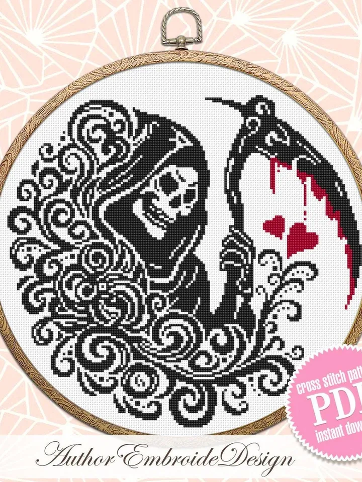 Grim reaper cross stitch pattern PDF download Gothic cross stitch chart, Gothic Halloween pattern digital PDF, Death with a scythe #H78