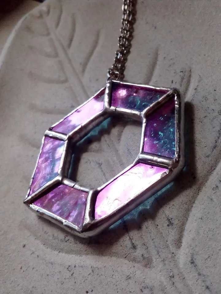 Iridescent stained glass, geometric pendant, Hexagon dichroic necklace, Stained glass cute necklace, Sacred geometry