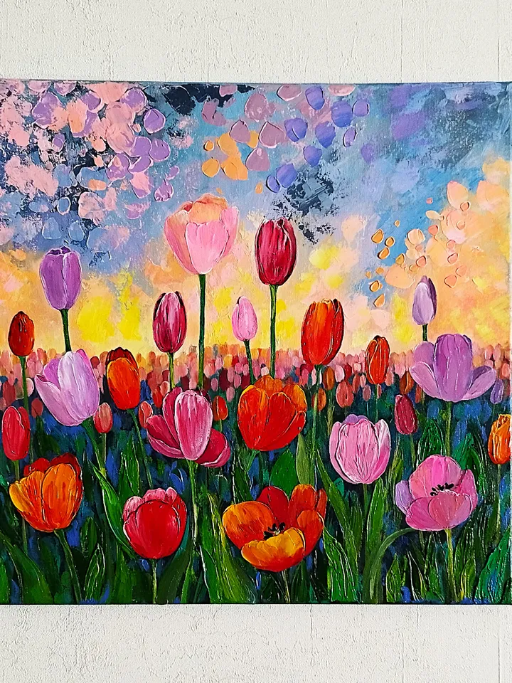 Tulips acrylic painting landscape art impasto. Flowers artwork