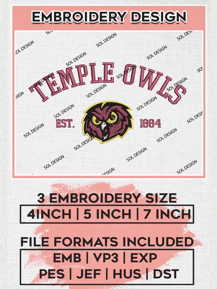 Temple Owls Est 1884 Logo Embroidery Designs, NCAA Temple Owls Team Embroidery, NCAA Team Logo, 3 sizes, Machine embroidery Files, Digital Download