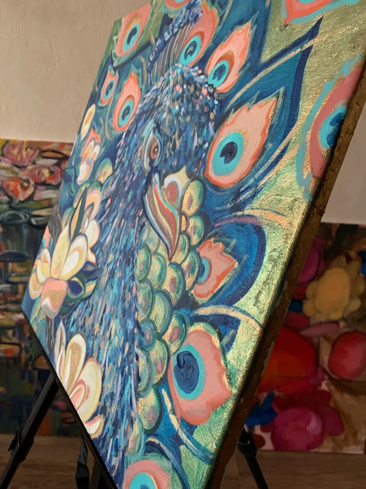 Peacock on gold original oil painting on canvas 19,6x19,6 inches