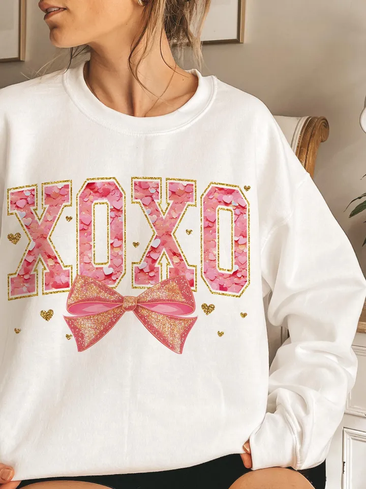 Valentine XOXO Coquette Sparkly Glitter Png, Valentines Day Shirt Design, Valentines Day PNG, Xoxo PNG, Pink Faux Sequins Valentines Png