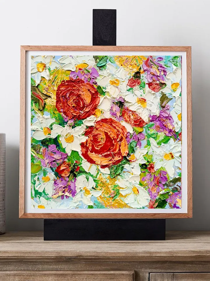 Impasto Oil Painting Impressionist Original Art 8x8 Pink Red Flowers Small Artwork Blooms of Bliss Peonies Floral Art by ArtProkopaloSv