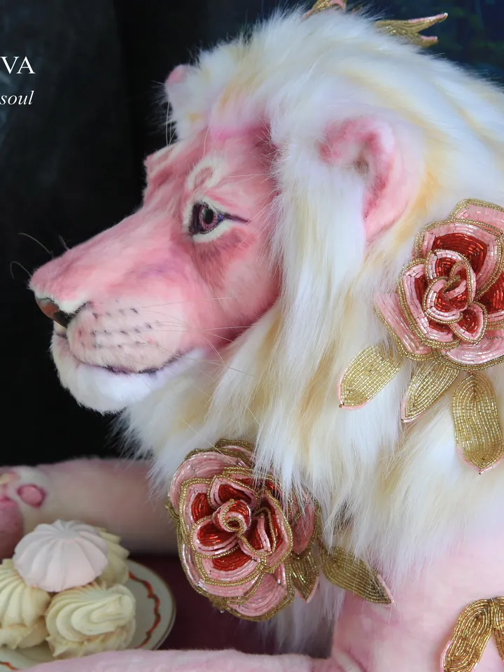 Lion Marshmallow realistic plush animals. Ooak toy. Pink Lion stuffed toy