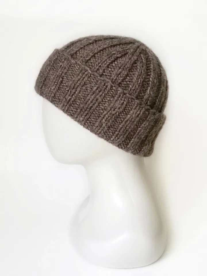 Cozy Men's Alpaca Wool Winter Beanie: Hand-Knitted Brown Hat. Warm Men's Beanie with Folded Brim: Handcrafted Ribbed Cap. FREE SHIPPING!