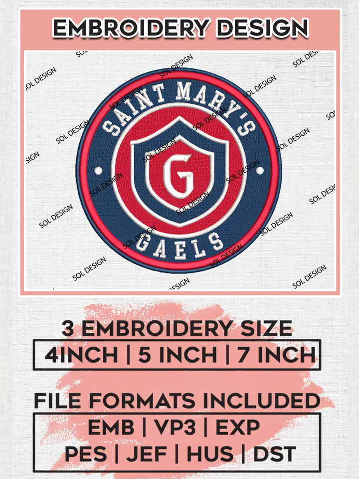 NCAA Saint Marys Gaels Round Logo Embroidery, NCAA Saint Marys Gaels Embroidery Design files, NCAA Teams, NCAA Machine embroidery designs, Digital Download