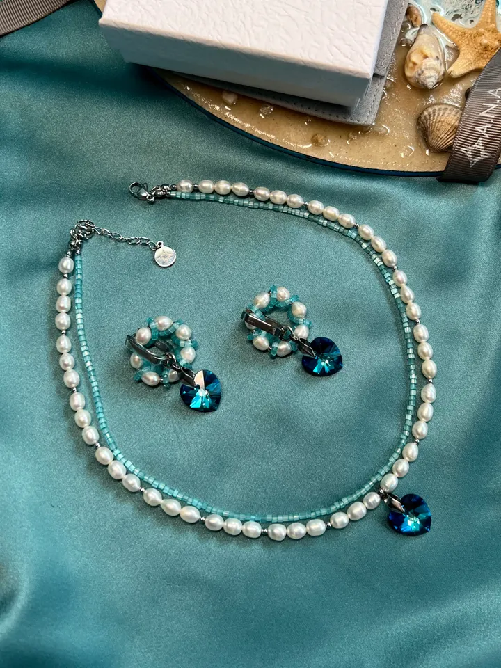 Natural Pearl Jewelry Set Necklace Earrings OCEAN HEART