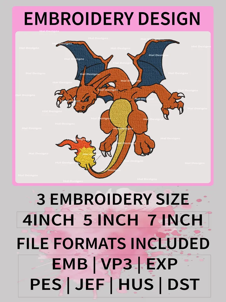 Pokemon Charizard Embroidery Design, Pokemon Dmbroidery, Anime Design, Embroidery file, Digital download
