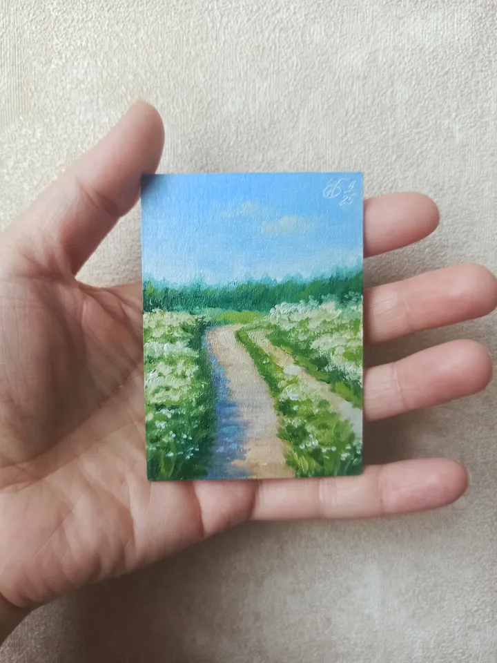 Original oil painting ACEO, Road in a field with white flowers, Summer countryside landscape, Collection card 2,5x3,5 in