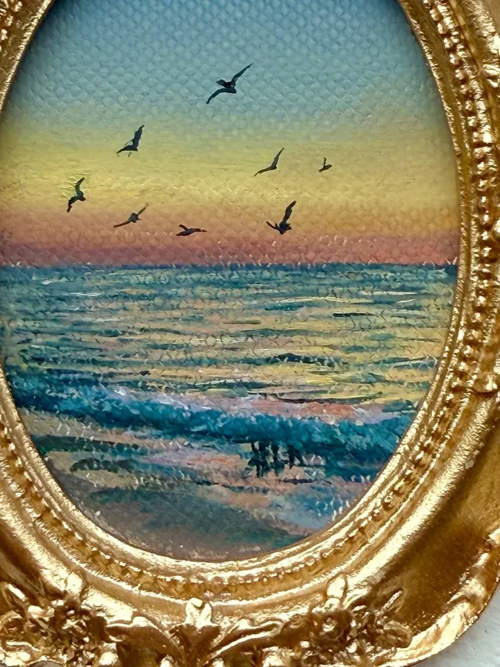 Ocean Sunset Landscape Oil Painting Original In Vintage Style Frame Small Framed Antique Style Painting Art Vintage Seascape Painting Coastal Artwork