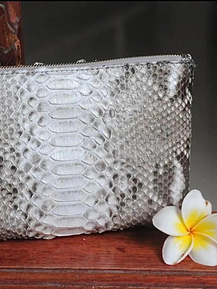 Genuine python skin grey cosmetic bag/ Purse Insert Organizer/ Bag Insert For Tote Bag/ exotic leather wallet / small snake skin clutch