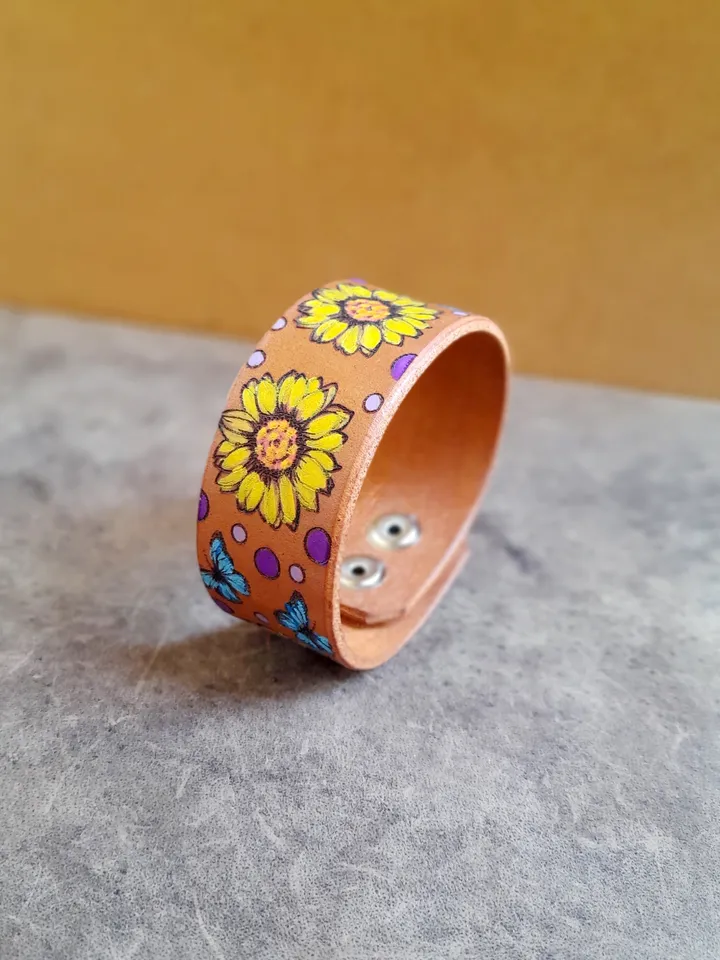 Large Yellow Flowers and Butterflies Bracelet, Hand Painted Women Leather Cuff Bracelet, Personalized Bracelet, Daisies, Plant Lover Gift, Ohana