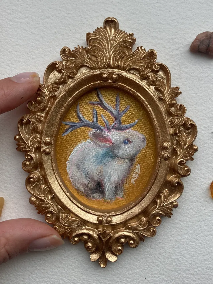 Jackalope Painting Small Original Framed Art Cryptid Gifts Mini Gold Framed Decor, Fairy Creatures Art, Tiny Art Whimsigoth Decor
