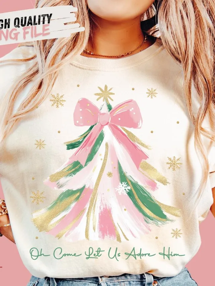 Oh Come Let Us Adore Him Png, Coquette Bow Christmas Tree Png,Christmas Jesus PNG,Watercolor Christian Christmas Png,Xmas Tree with Bow Png