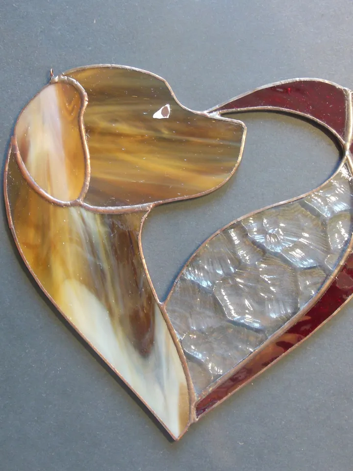 Dog Dark Brown Chocolate in Heart . Art stained glass window hanging Suncatcher . Gift for animal lover , pet loss memorial