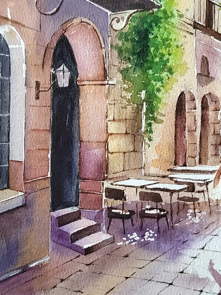 Original Watercolor Painting Cozy Urban Landscape Italy Street Artwork 27x33 cm by SoftWaves