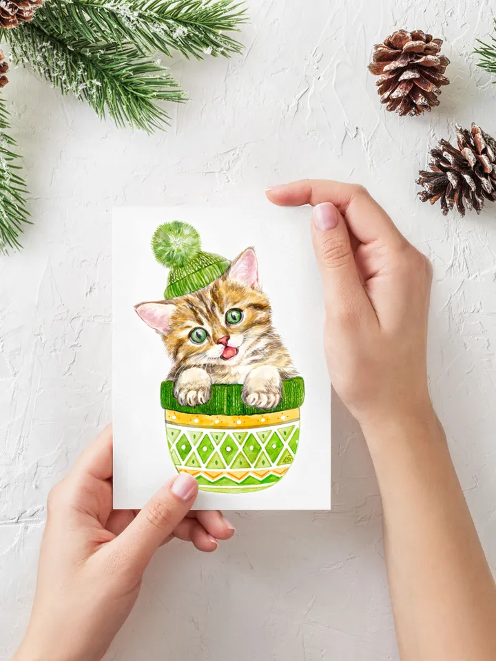 Cute red kitten with green eyes in a green knitting hat Art Print, Printable Download, Watercolor Print, Pet Animal, Wall Decor, Prints Wall Art, New Year, Merry Christmas