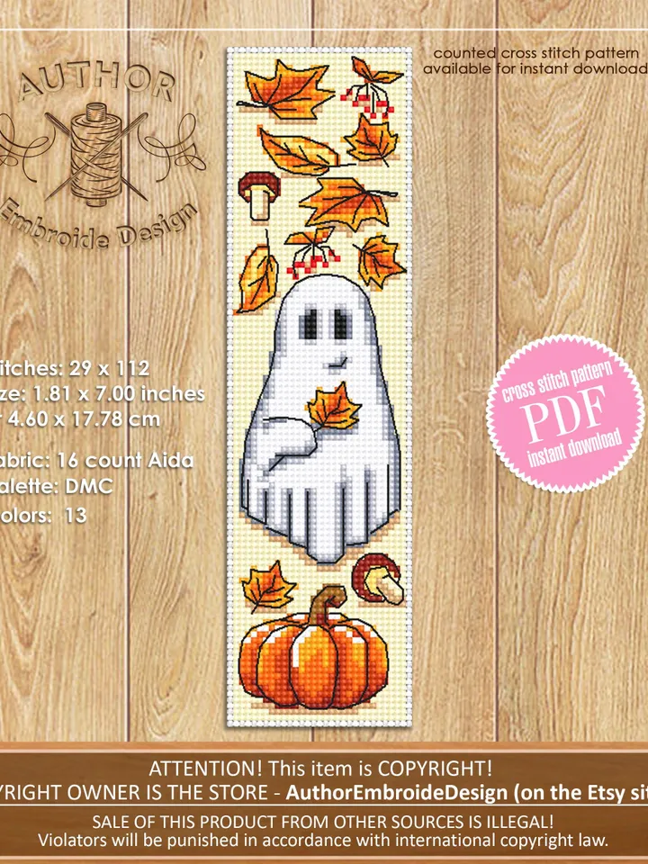 Ghost with pumpkin bookmark cross stitch pattern PDF download Cute ghost cross stitch chart, Fall bookmark pattern digital PDF #B369