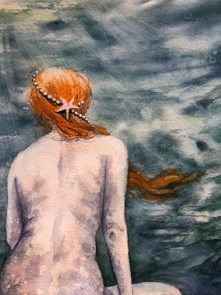 Mermaid Original Painting Woman Watercolor Wall Art