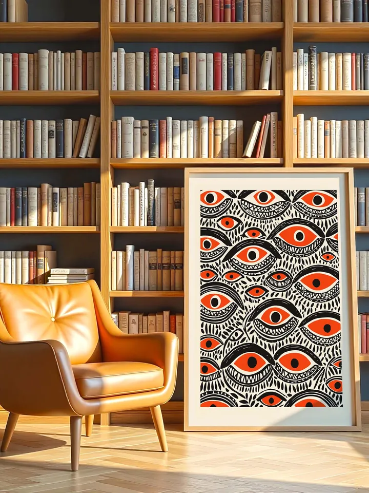 Bold Eye Wall Art, Psychedelic Eye Poster, Tribal Orange, Black Digital Print, Surreal Eye Illustration, Instant Download, crazy eyes art