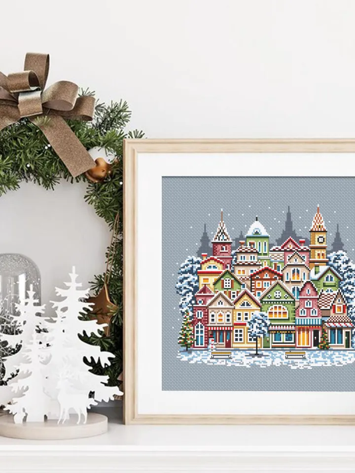 Christmas houses cross stitch pattern PDF download Winter cross stitch chart, Christmas city pattern digital PDF, Urban landscape #N144