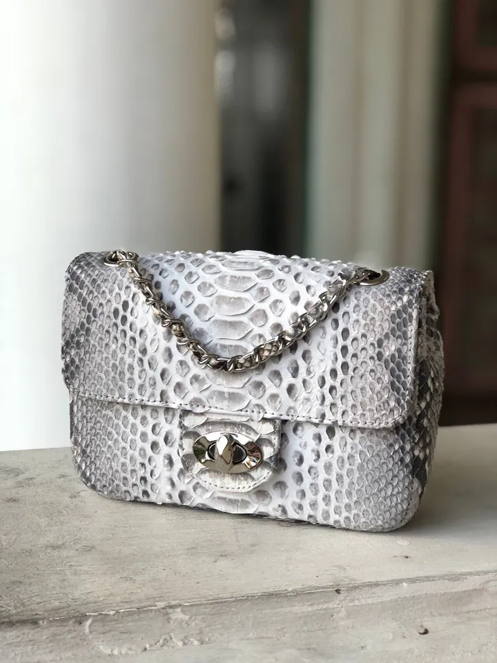 Genuine Python Skin Small Crossbody Leather Bag | Classy Small Crossbody Chain | Grey Light Small Crossbody Summer Elegant Classy Women Bag
