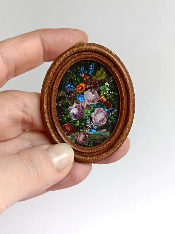 Miniature original oil painting with flowers in vintage style for dollhouses in 1/12, 1/6 scale
