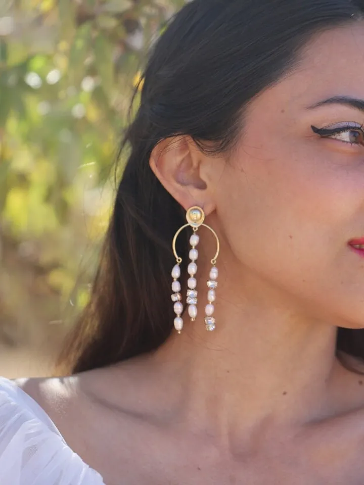 Art Deco Freshwater Pearl Wedding Earrings For Bride, Vintage Style Chandelier Statement Bridal Earrings, Boho Statement Wedding Jewelry