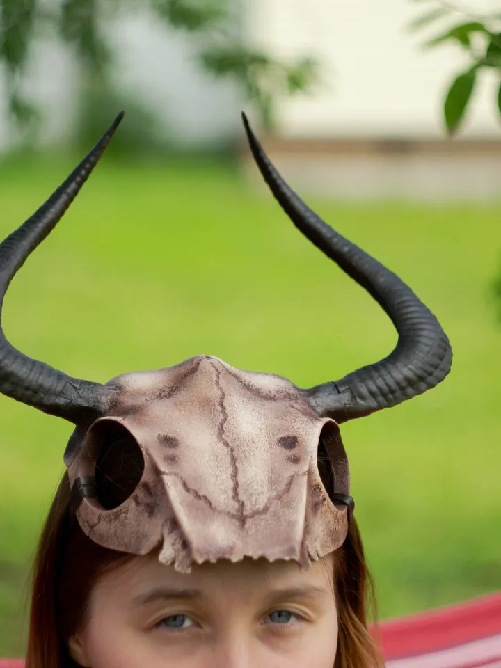 Ram Skull Helmet with Horns, tribal headpiece, skull helmet, Viking skull Mask