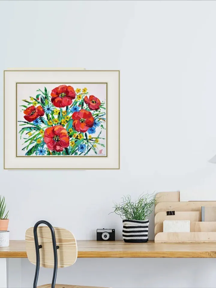 Oil Painting With Red Flowers Original Art Impasto