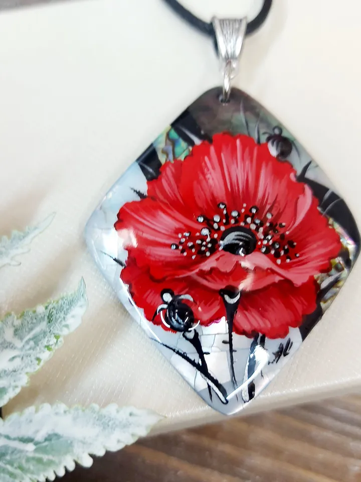 Pearl pendant necklace: Big red poppy flower on handmade necklace • Hand painted statement jewelry for dress • unique trendy floral necklace